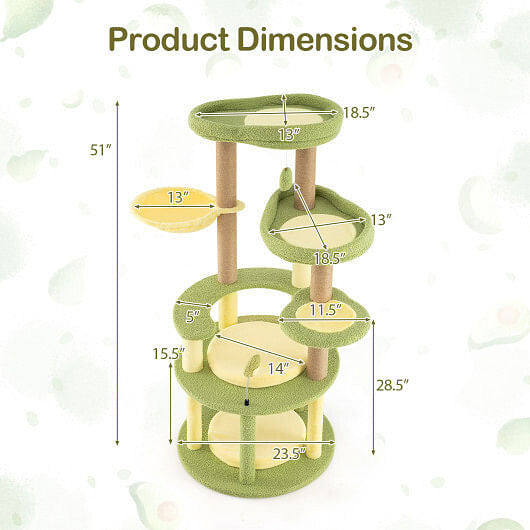 Multi-level Cat Tree Avocado Theme Cat Tower with Wide Perch Rotatable Basket-Green